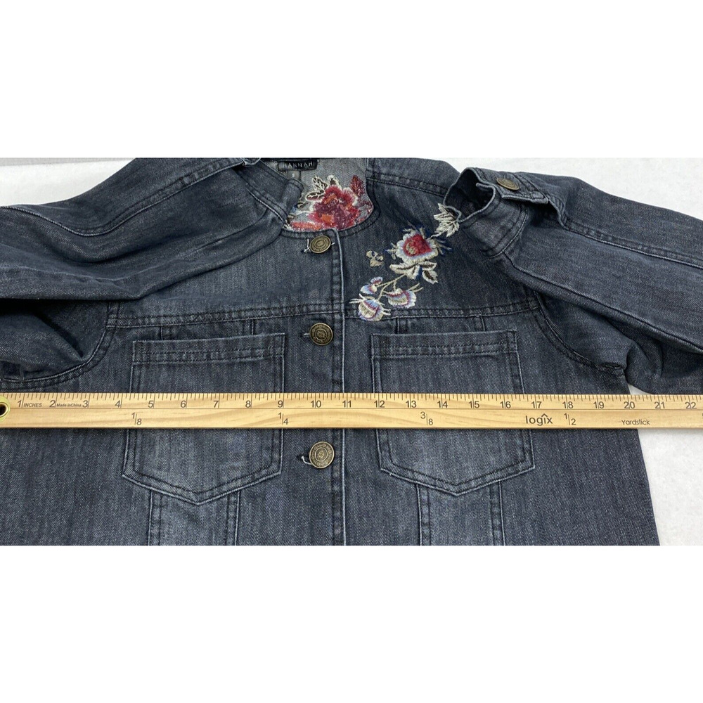 Hannah Jean‎ Jacket Womens Small Black Denim Floral Embroidered Button Down - Picture 6 of 15
